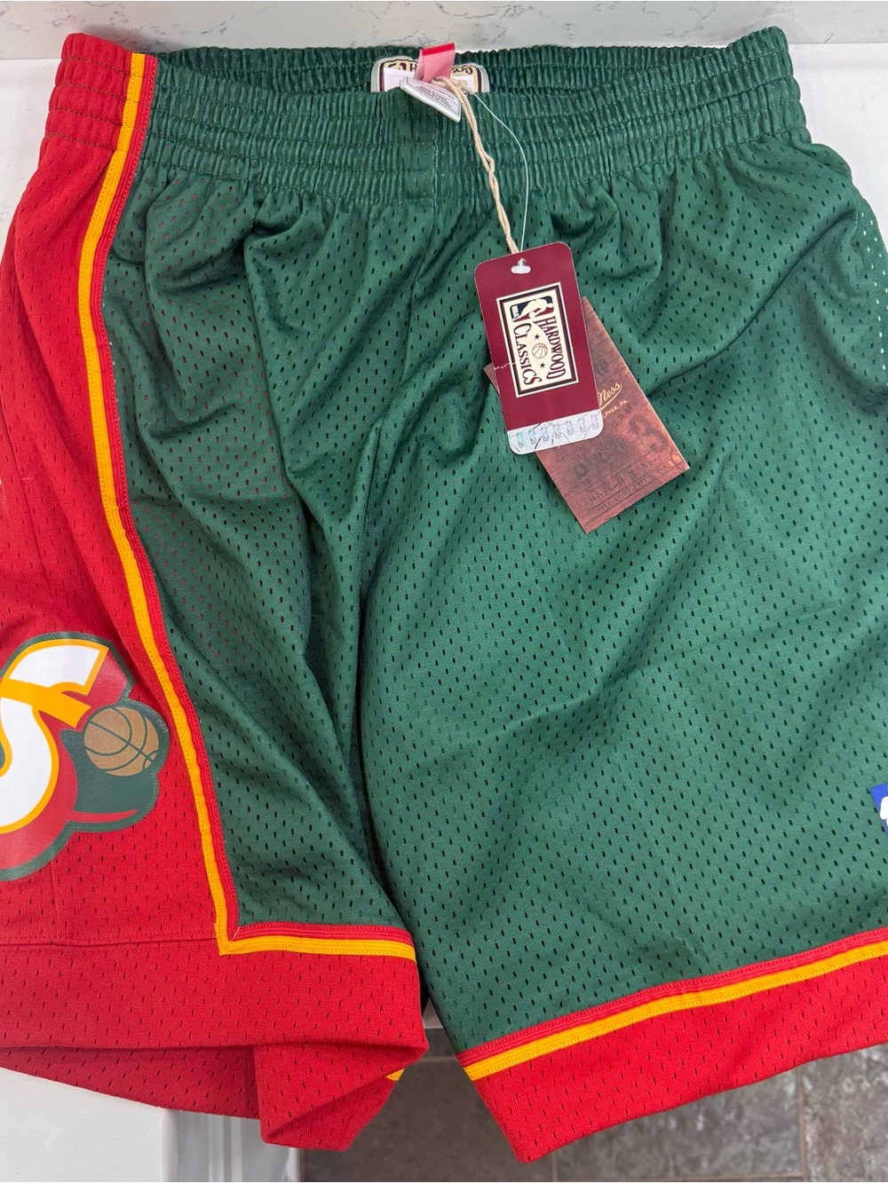 Mitchell & Ness Green and Red Basketball Mesh Athletic Shorts